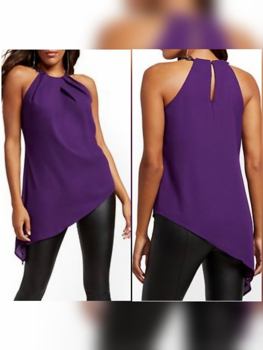 NY&Co 7th Ave Purple Faux Link Halter Sleeveless Asymmetrical Tunic Top - S TALL